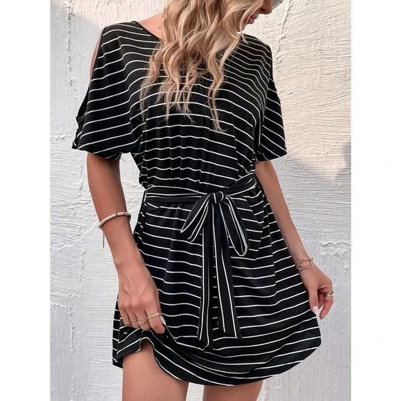 preppy Cold Shoulder Striped Belted Dress black white - Picture 8 of 10